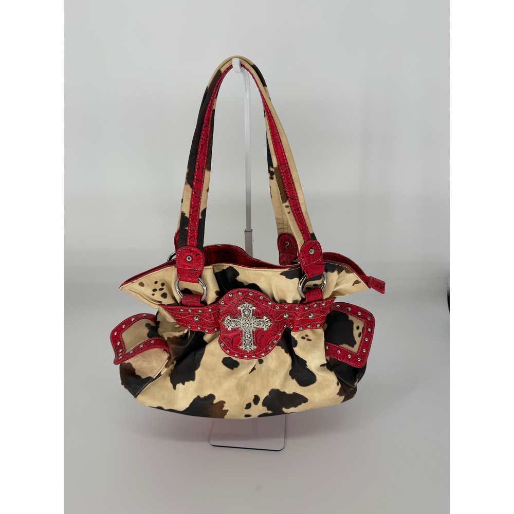 Country Road 66 Cow Print Western Shoulder Bag Red Floral Trim Rhinestone Cross